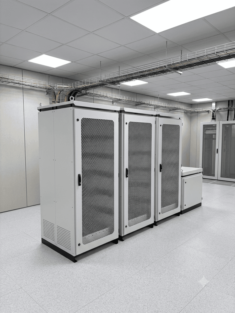 Finished server cabinets installed in a data room