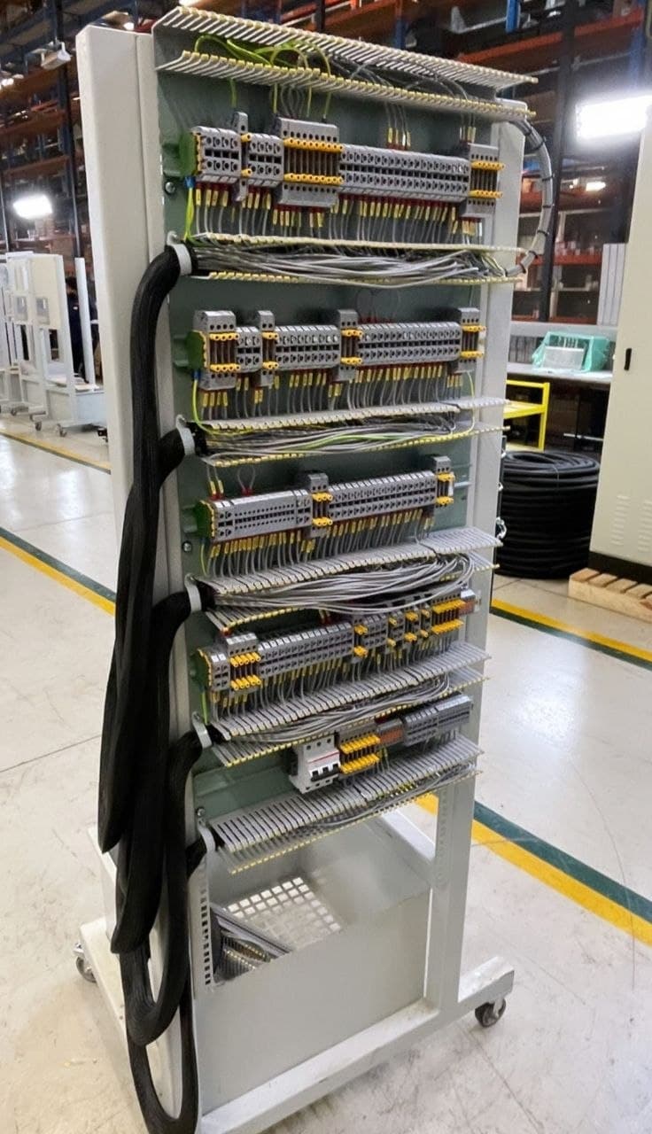 Industrial control panel with organised terminal blocks and wiring