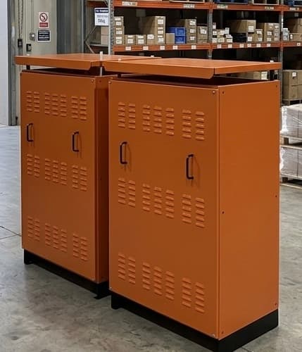 Orange powder-coated electrical cabinets in a workshop