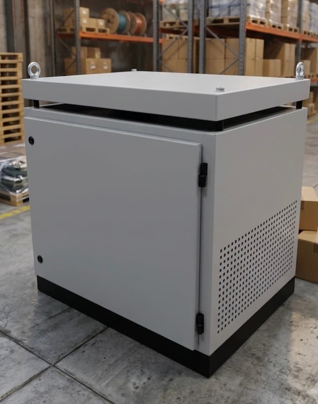 Finished grey control cabinet with a ventilated side panel